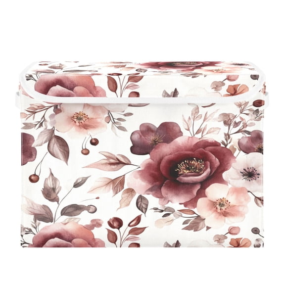 Storage Box With Lid 16.5x12.6x11.8In Foldable Stacked Household Storage Box Cartoon Maroon Flowers