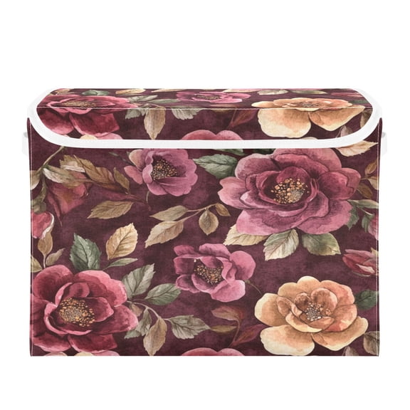Storage Box With Lid 16.5x12.6x11.8In Foldable Stacked Household Storage Box Cartoon Maroon Roses Seamless