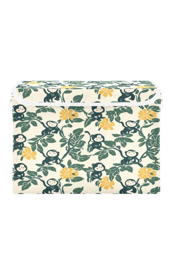 Storage Box With Lid 16.5x12.6x11.8In Foldable Stacked Household Storage Box Cartoon Monkey and Green Leaves