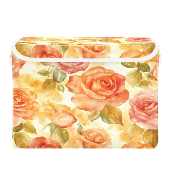 Storage Box With Lid 16.5x12.6x11.8In Foldable Stacked Household Storage Box Cartoon Orange Roses Seamless
