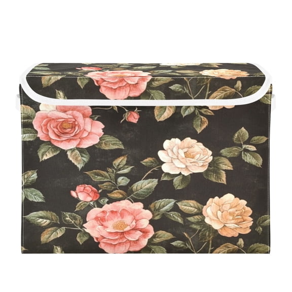 Storage Box With Lid 16.5x12.6x11.8In Foldable Stacked Household Storage Box Cartoon Red Pretty Roses
