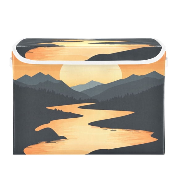 Storage Box With Lid 16.5x12.6x11.8In Foldable Stacked Household Storage Box Cartoon River Sunset