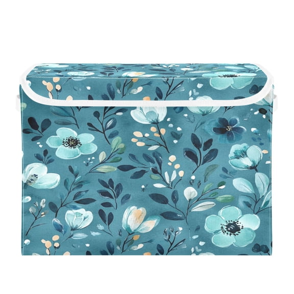 Storage Box With Lid 16.5x12.6x11.8In Foldable Stacked Household Storage Box Cartoon Teal Flowers Seamless