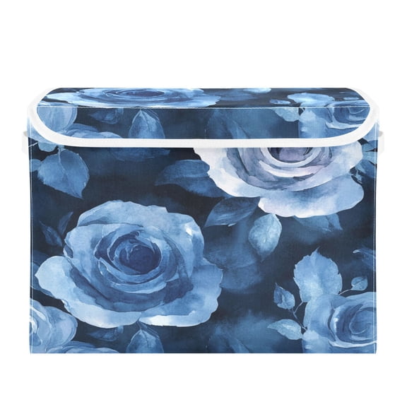 Storage Box With Lid 16.5x12.6x11.8In Foldable Stacked Household Storage Box Cartoon Teal Roses Seamless