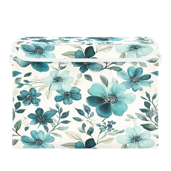 Storage Box With Lid 16.5x12.6x11.8In Foldable Stacked Household Storage Box Cartoon Turquoise Flowers
