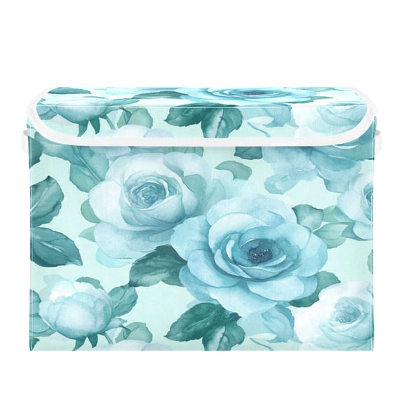Storage Box With Lid 16.5x12.6x11.8In Foldable Stacked Household Storage Box Cartoon Turquoise Roses Seamless