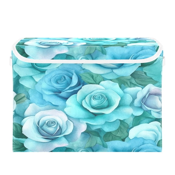 Storage Box With Lid 16.5x12.6x11.8In Foldable Stacked Household Storage Box Cartoon Turquoise Roses