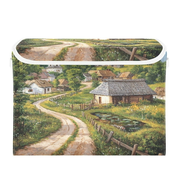 Storage Box With Lid 16.5x12.6x11.8In Foldable Stacked Household Storage Box Cartoon Village