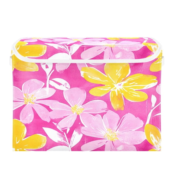 Storage Box With Lid 16.5x12.6x11.8In Foldable Stacked Household Storage Box Cartoon Yellow Pink Flowers