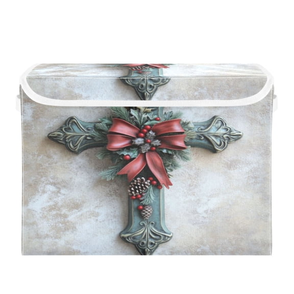 Storage Box With Lid 16.5x12.6x11.8In Foldable Stacked Household Storage Box Christmas Green Cross