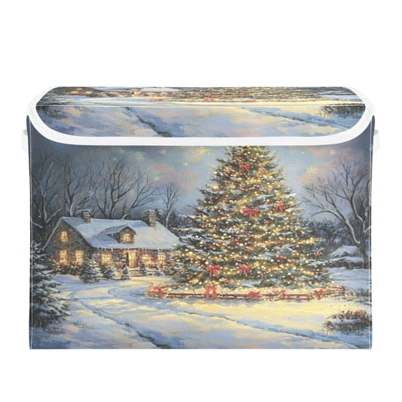 Storage Box With Lid 16.5x12.6x11.8In Foldable Stacked Household Storage Box Christmas House and Tree Picture
