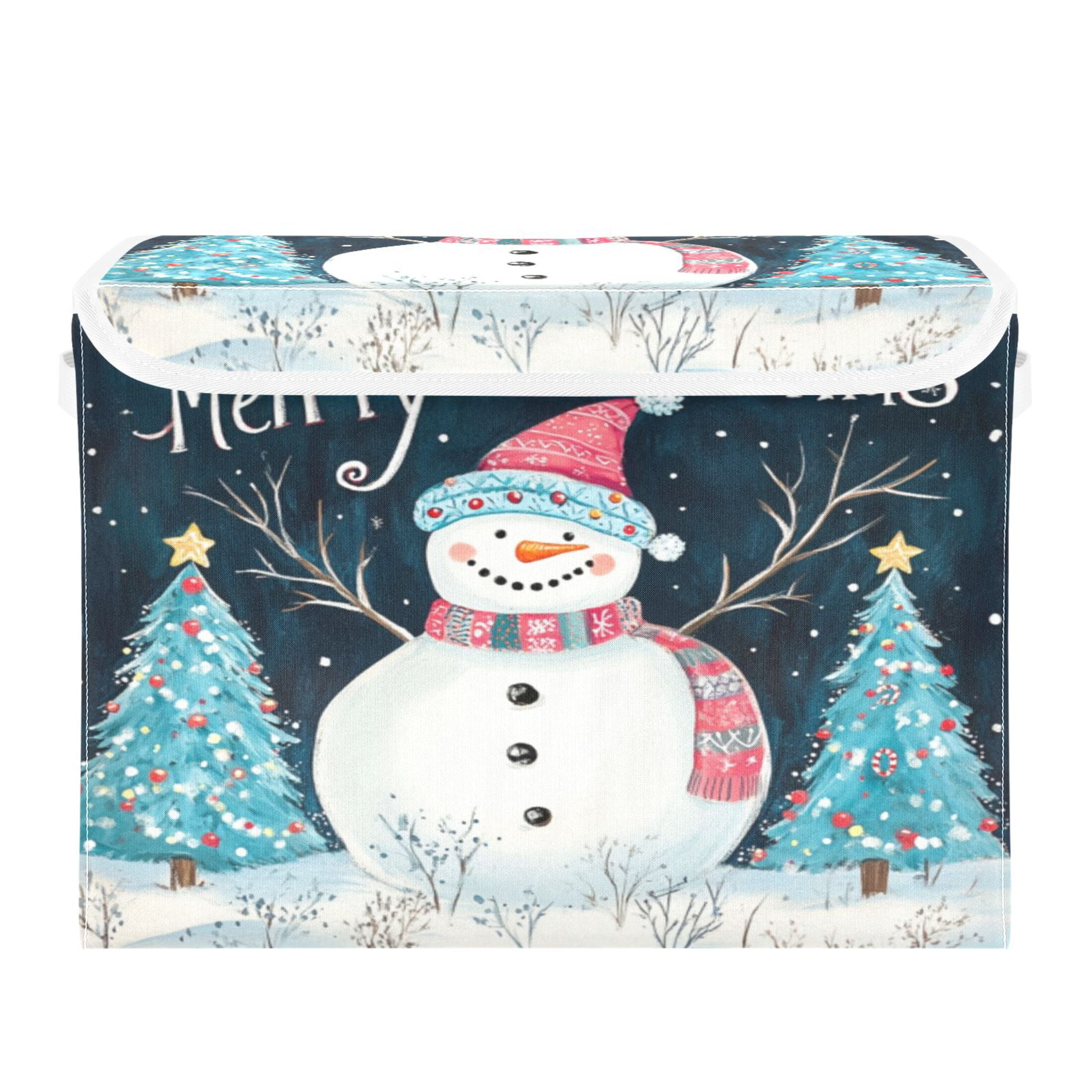 Storage Box With Lid 16.5x12.6x11.8In Foldable Stacked Household Storage Box Christmas Smiling Snowman Picture