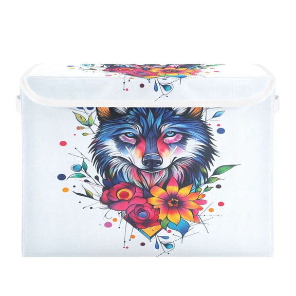Storage Box With Lid 16.5x12.6x11.8In Foldable Stacked Household Storage Box Color Art Cool Wolf