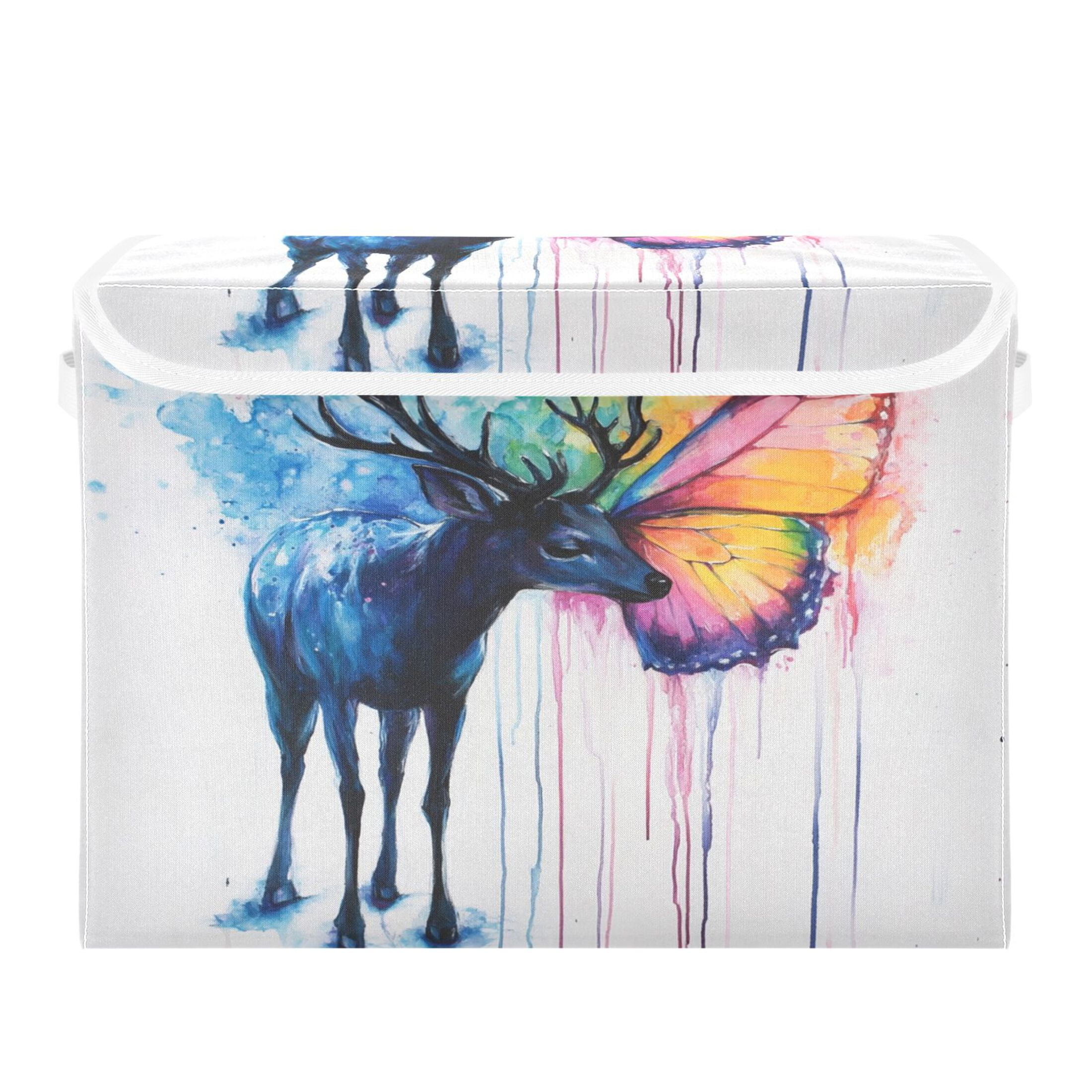 Storage Box With Lid 16.5x12.6x11.8In Foldable Stacked Household Storage Box Color Deer Butterfly Picture