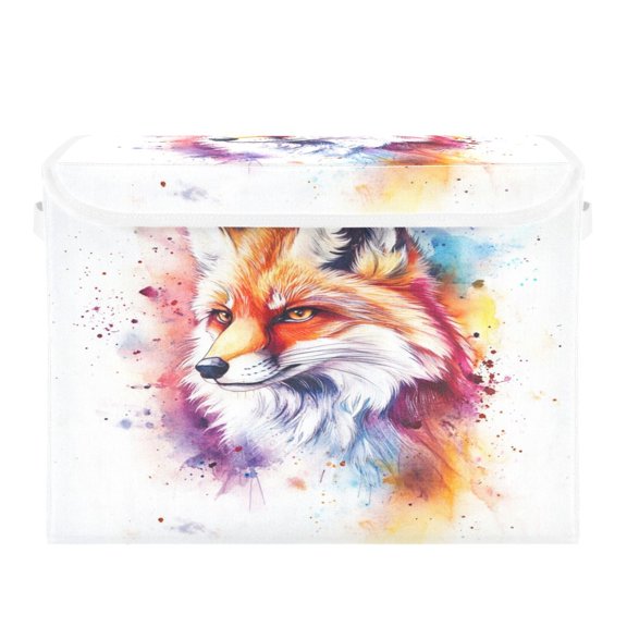 Storage Box With Lid 16.5x12.6x11.8In Foldable Stacked Household Storage Box Color Watercolor Cartoon Fox