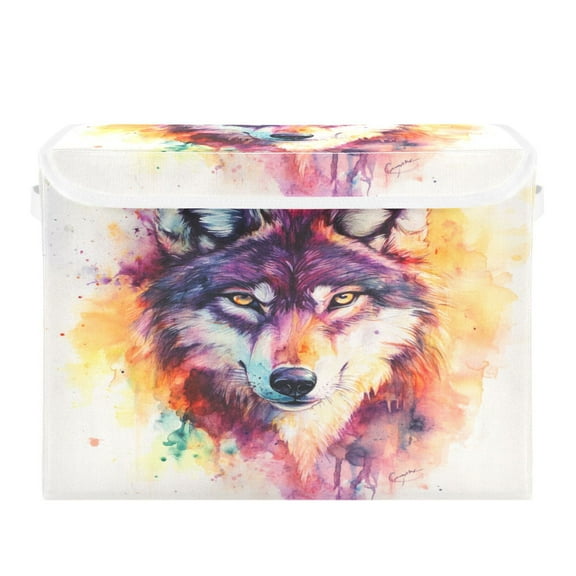 Storage Box With Lid 16.5x12.6x11.8In Foldable Stacked Household Storage Box Color Watercolor Wolf