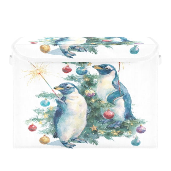 Storage Box With Lid 16.5x12.6x11.8In Foldable Stacked Household Storage Box Cute Christmas Penguins