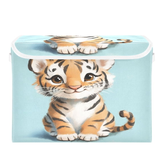 Storage Box With Lid 16.5x12.6x11.8In Foldable Stacked Household Storage Box Cute Smiling Cartoon Tiger