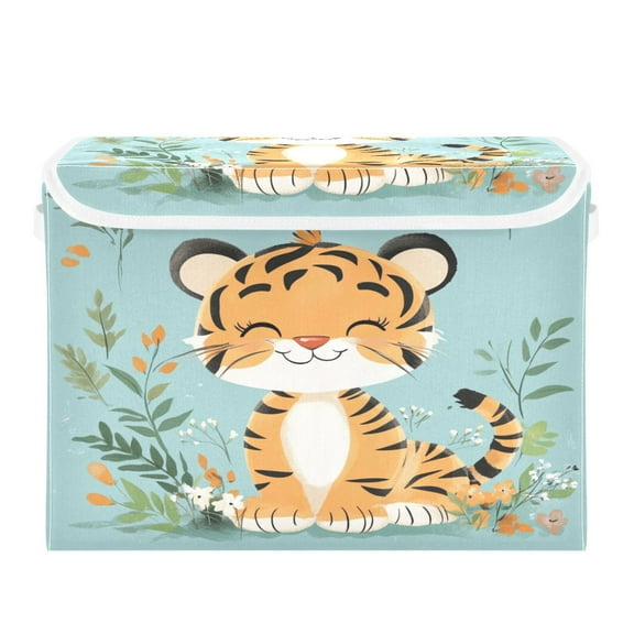 Storage Box With Lid 16.5x12.6x11.8In Foldable Stacked Household Storage Box Cute Smiling Tiger