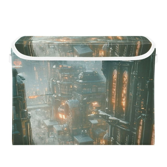 Storage Box With Lid 16.5x12.6x11.8In Foldable Stacked Household Storage Box Cyberpunk City