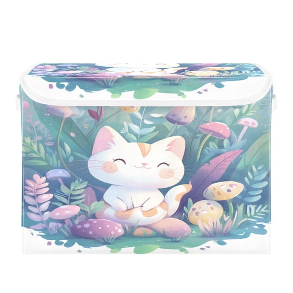Storage Box With Lid 16.5x12.6x11.8In Foldable Stacked Household Storage Box Flower White Cat