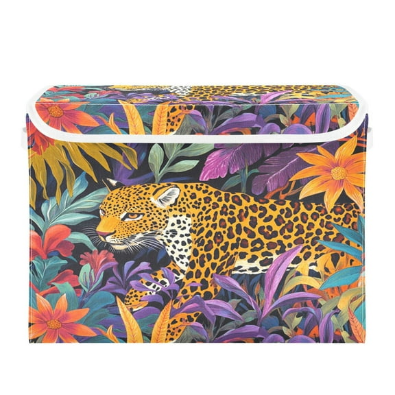 Storage Box With Lid 16.5x12.6x11.8In Foldable Stacked Household Storage Box Flowers and Jaguars
