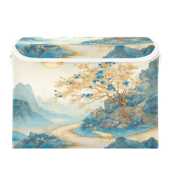 Storage Box With Lid 16.5x12.6x11.8In Foldable Stacked Household Storage Box Golden Classical Deer