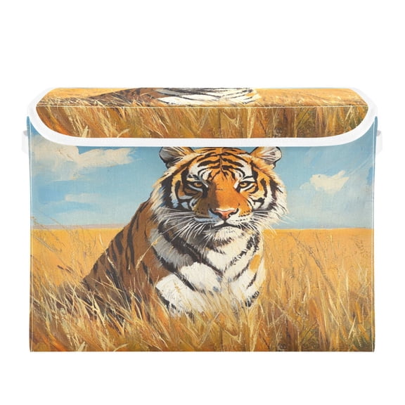 Storage Box With Lid 16.5x12.6x11.8In Foldable Stacked Household Storage Box Grassland Beautiful Tiger