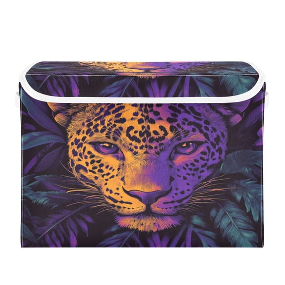 Storage Box With Lid 16.5x12.6x11.8In Foldable Stacked Household Storage Box Jungle Purple Leopard