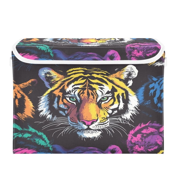 Storage Box With Lid 16.5x12.6x11.8In Foldable Stacked Household Storage Box Jungle Tiger Pattern