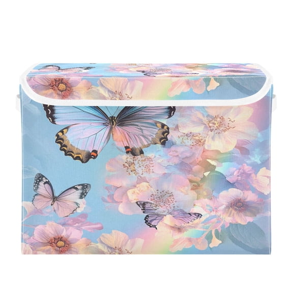 Storage Box With Lid 16.5x12.6x11.8In Foldable Stacked Household Storage Box Light Blue Flower Butterfly