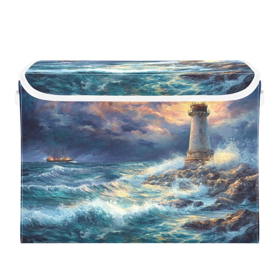 Storage Box With Lid 16.5x12.6x11.8In Foldable Stacked Household Storage Box Lighthouse at Sea