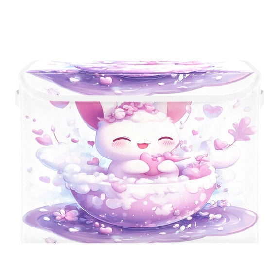 Storage Box With Lid 16.5x12.6x11.8In Foldable Stacked Household Storage Box Lovely Cartoon Purple Rabbit