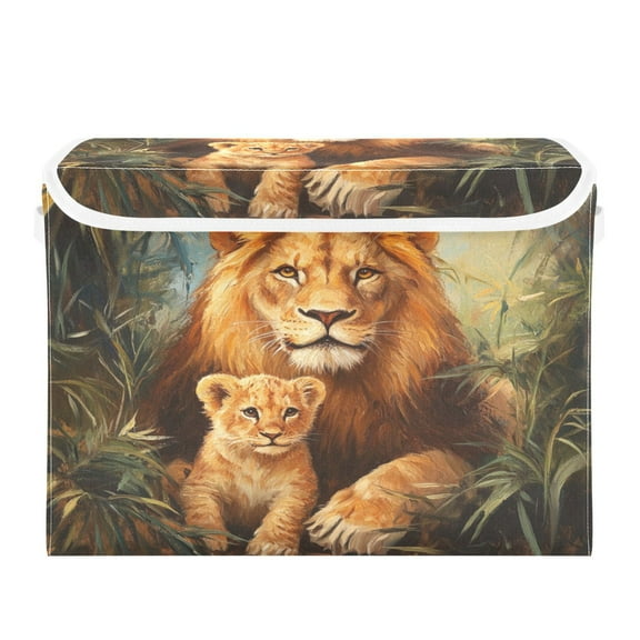 Storage Box With Lid 16.5x12.6x11.8In Foldable Stacked Household Storage Box Lovely Lions