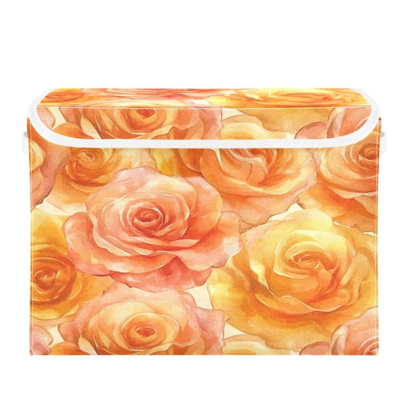 Storage Box With Lid 16.5x12.6x11.8In Foldable Stacked Household Storage Box Orange Roses Seamless