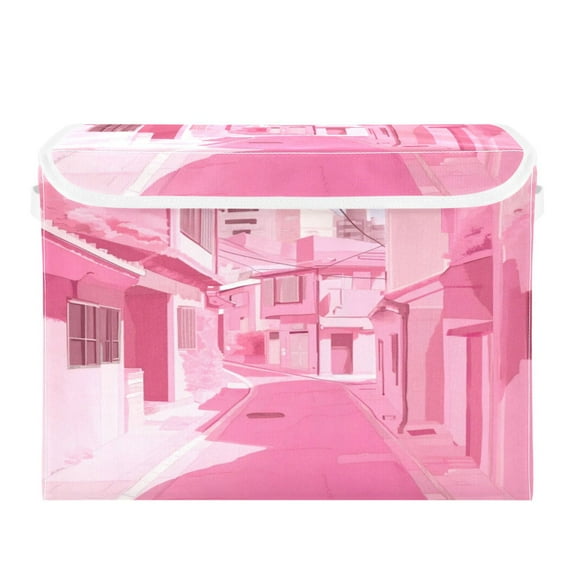 Storage Box With Lid 16.5x12.6x11.8In Foldable Stacked Household Storage Box Pink Cartoon House