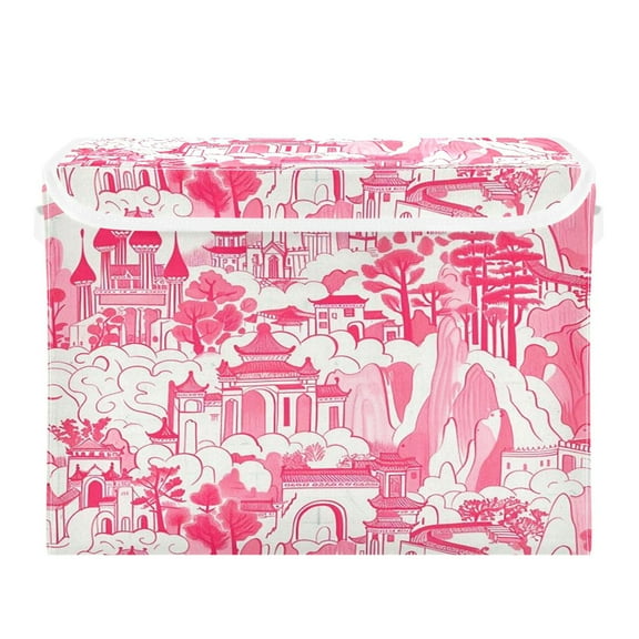 Storage Box With Lid 16.5x12.6x11.8In Foldable Stacked Household Storage Box Pink House and Tree