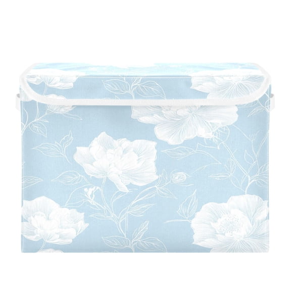 Storage Box With Lid 16.5x12.6x11.8In Foldable Stacked Household Storage Box Pretty Blue White Flowers