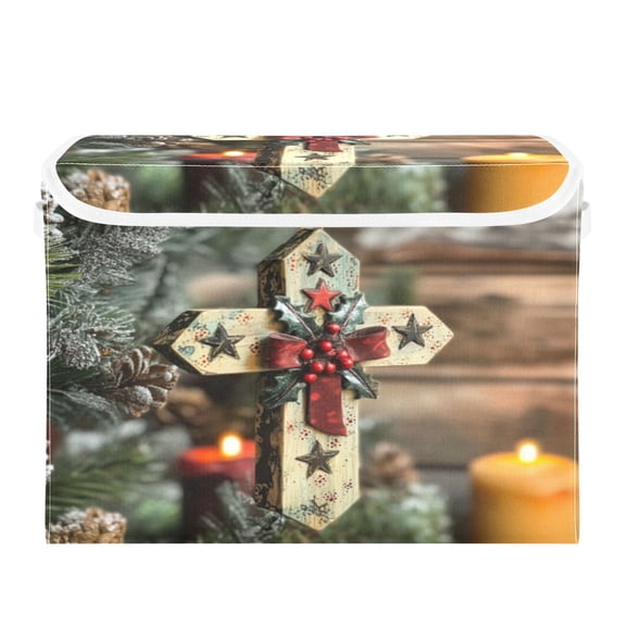 Storage Box With Lid 16.5x12.6x11.8In Foldable Stacked Household Storage Box Pretty Christmas Cross