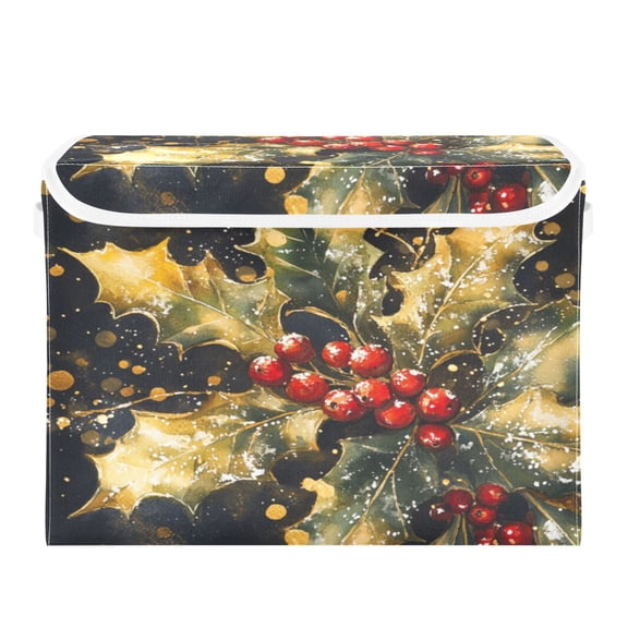 Storage Box With Lid 16.5x12.6x11.8In Foldable Stacked Household Storage Box Pretty Holly and Mistletoe
