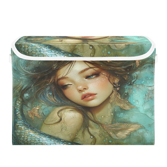 Storage Box With Lid 16.5x12.6x11.8In Foldable Stacked Household Storage Box Pretty Mermaid