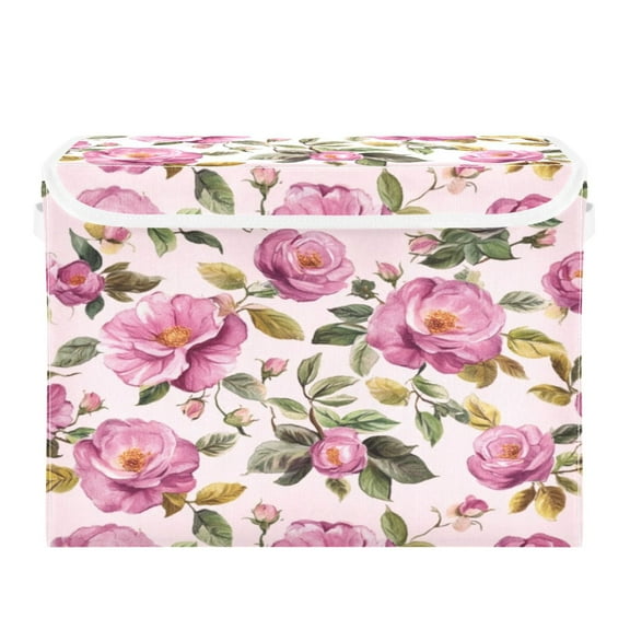 Storage Box With Lid 16.5x12.6x11.8In Foldable Stacked Household Storage Box Pretty Pink Flowers Seamless