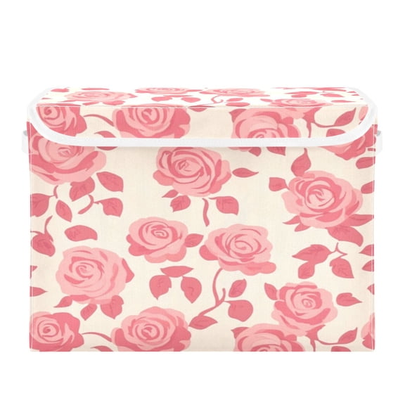 Storage Box With Lid 16.5x12.6x11.8In Foldable Stacked Household Storage Box Pretty Pink Roses Seamless