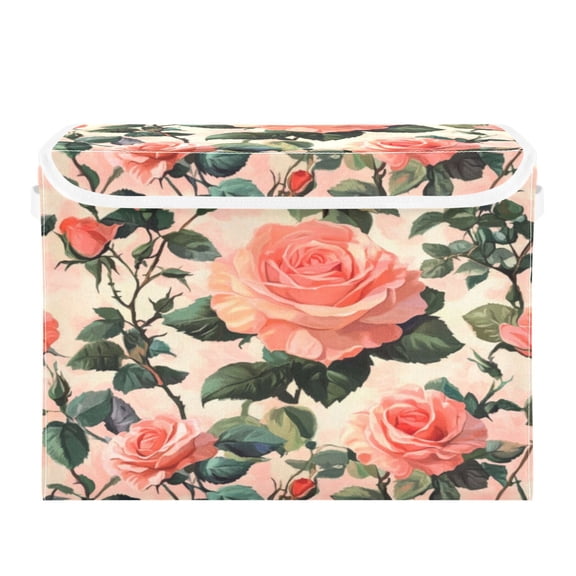 Storage Box With Lid 16.5x12.6x11.8In Foldable Stacked Household Storage Box Pretty Red Roses2