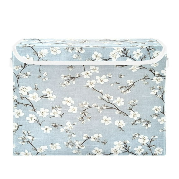 Storage Box With Lid 16.5x12.6x11.8In Foldable Stacked Household Storage Box Pretty White Cloth Flowers
