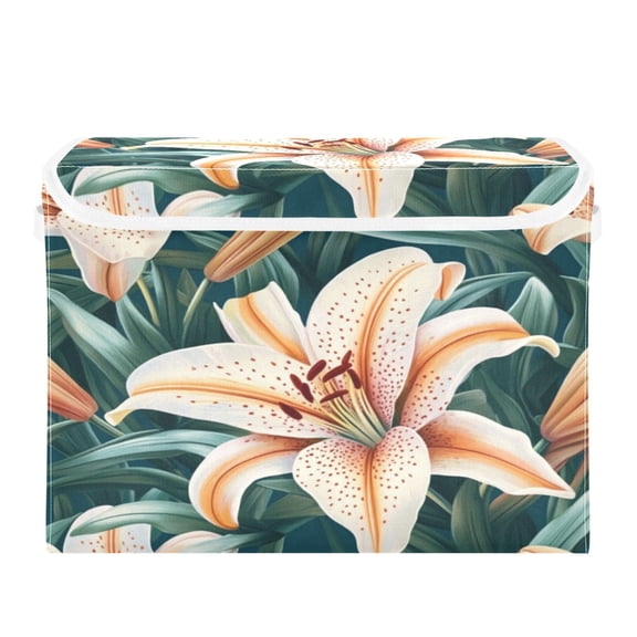 Storage Box With Lid 16.5x12.6x11.8In Foldable Stacked Household Storage Box Pretty White Lilies
