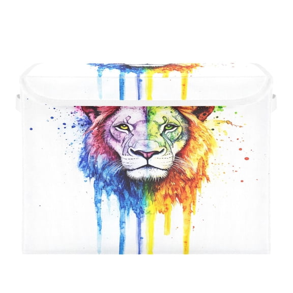 Storage Box With Lid 16.5x12.6x11.8In Foldable Stacked Household Storage Box Rainbow Beautiful Lion