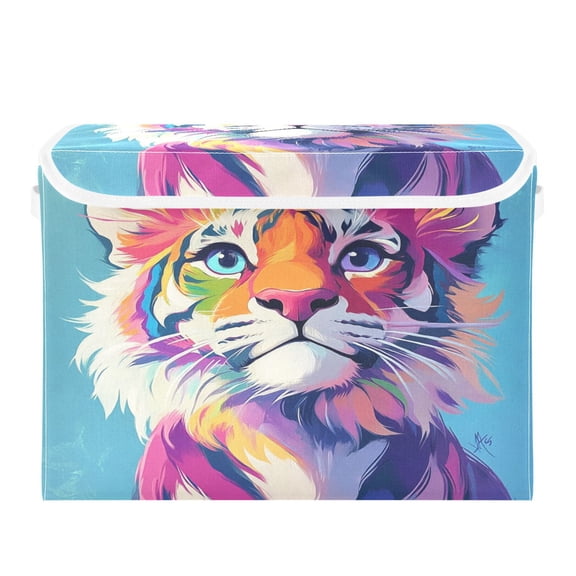 Storage Box With Lid 16.5x12.6x11.8In Foldable Stacked Household Storage Box Rainbow Tiger Cub