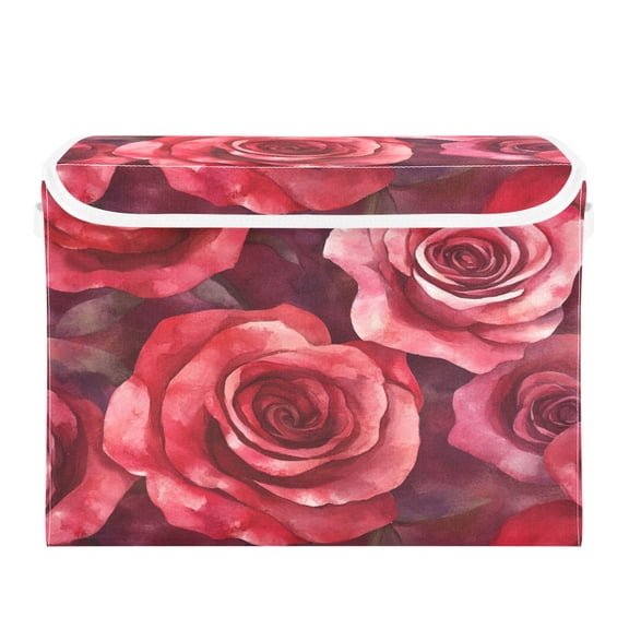 Storage Box With Lid 16.5x12.6x11.8In Foldable Stacked Household Storage Box Red Roses Seamless