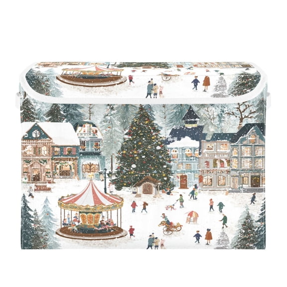 Storage Box With Lid 16.5x12.6x11.8In Foldable Stacked Household Storage Box Romantic Cartoon Christmas House
